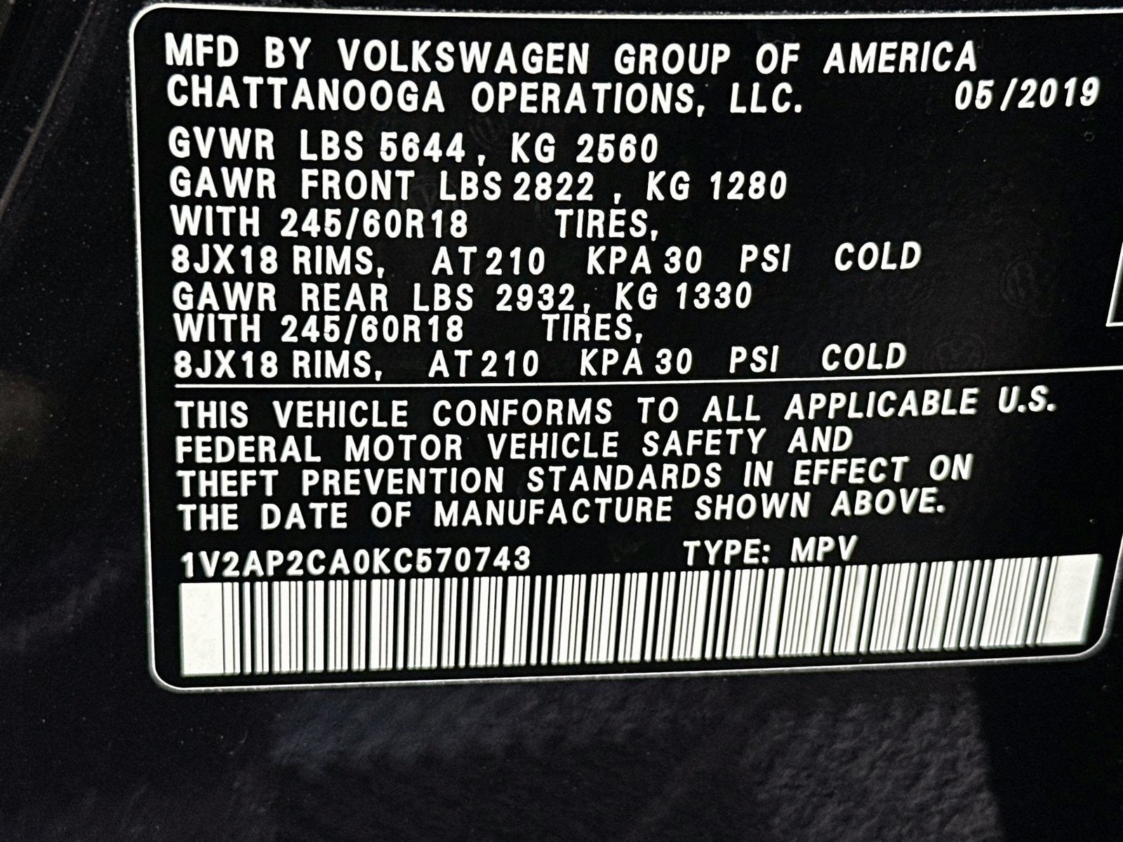 2019 Volkswagen Atlas 2.0T S